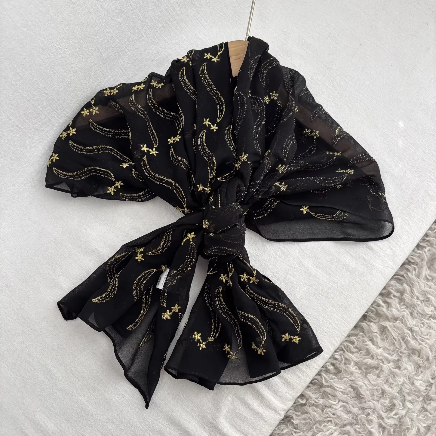 100% Silk Black Womens Headscarves Luxury Brand Embroider Neck Scarves for Women Pure Silk Hijab Women's Cape