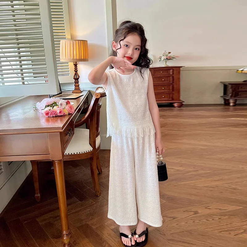 New Korean Style All-Matching Fashion Casual Tassel Vest Pants Two-Piece Set 2026 Girls' Summer