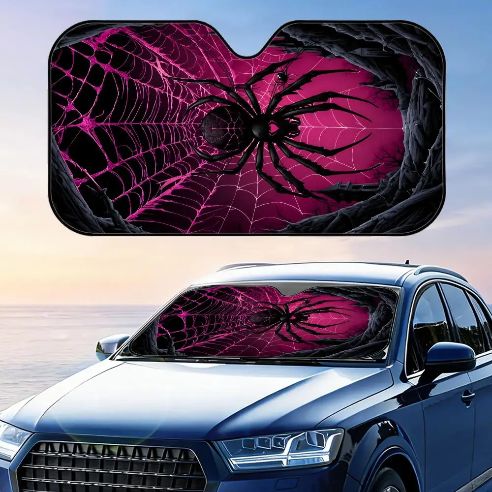 Black Spider Pattern Sun Visor Car Front Windshield Sun Shade Foldable Reflective UV Protection Heat Insulation Cover
