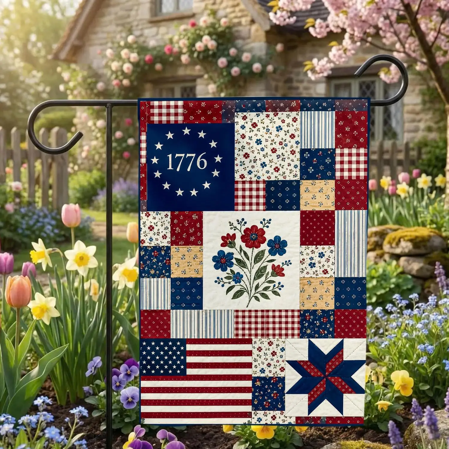 MAIANEY 1776 Americana Quilt Garden Flag, Patriotic Patchwork Outdoor Banner, Vintage Floral Farmhouse Yard Decor, Fourth of kkz