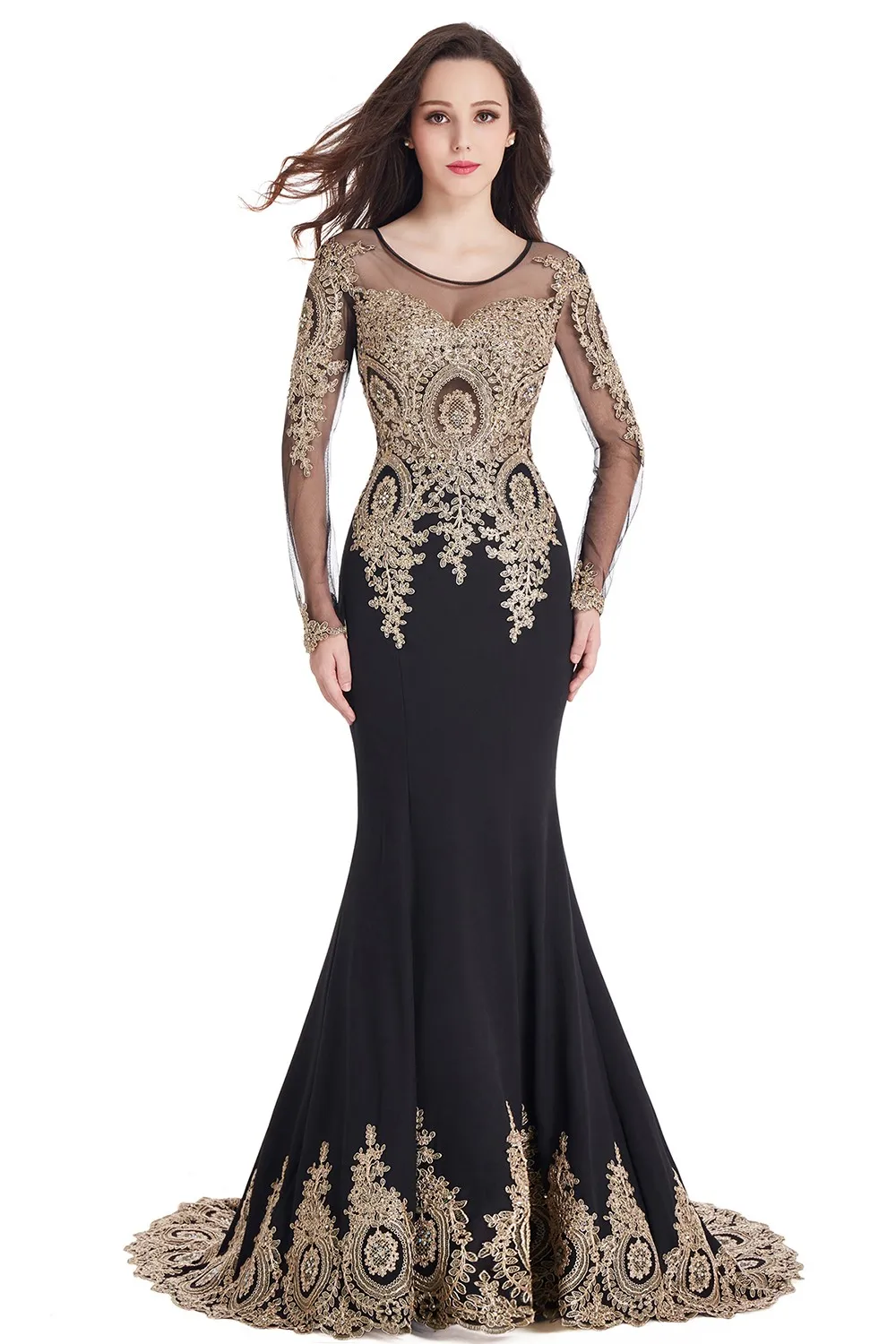 Sexy Mermaid Evening Dresses Gold Lace Appqulies O-Neck Tulle Long Sleeve Gowns Slim Floor Length Party Prom Dress With Train