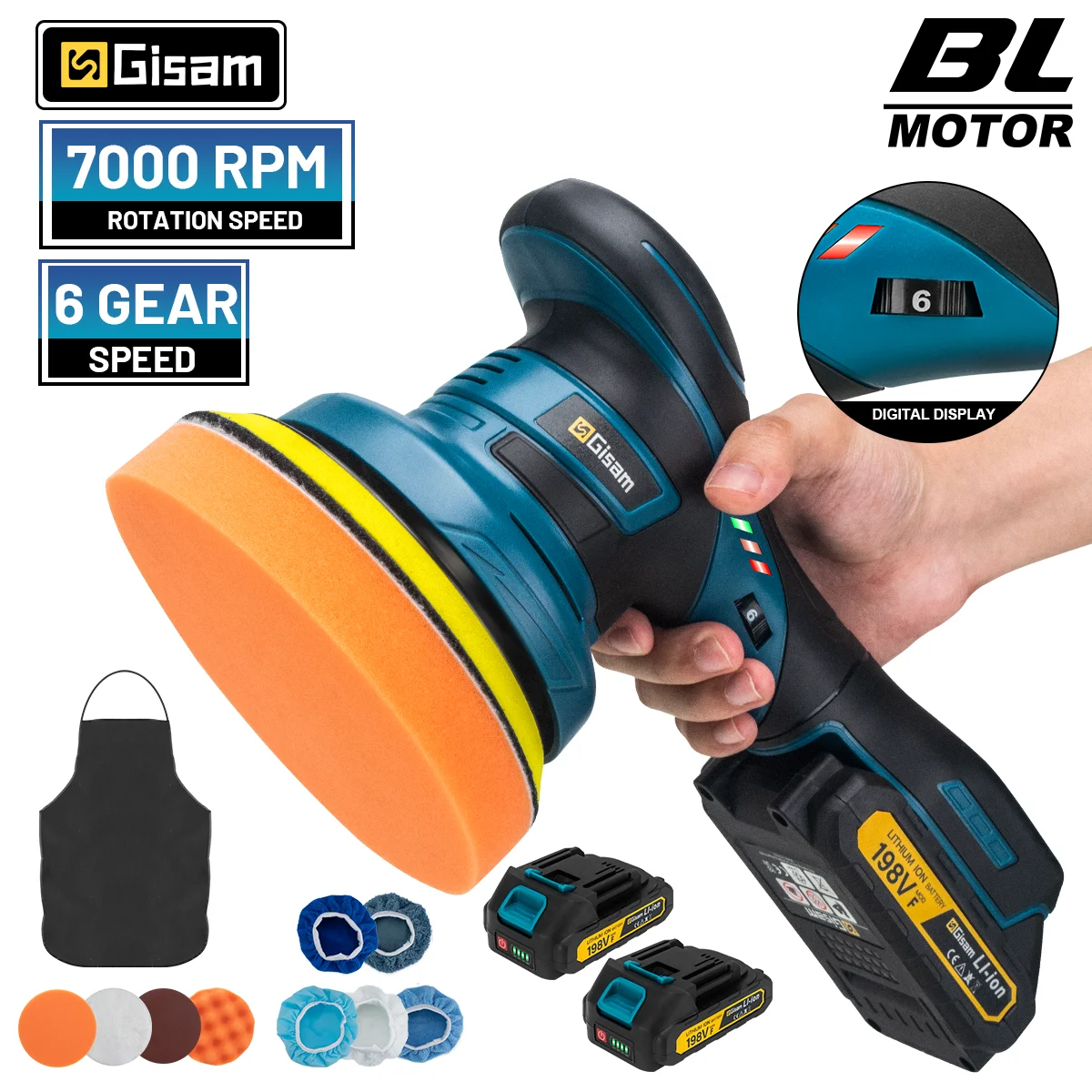 Gisam Brushless Electric Car Polisher 6 Gear Cordless Auto Polishing Waxing Sealing Rotary Power Tool For Makita 18V Battery Pin