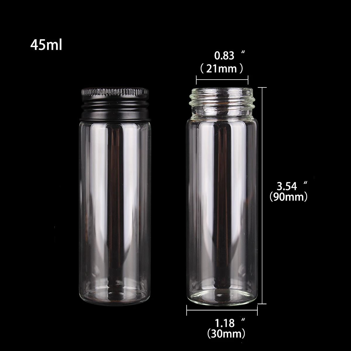 

12 pieces 45ml Transparent Glass Bottles with Black Aluminum Caps Glass Vials Jars Size 30x90mm for Gift DIY Crafts