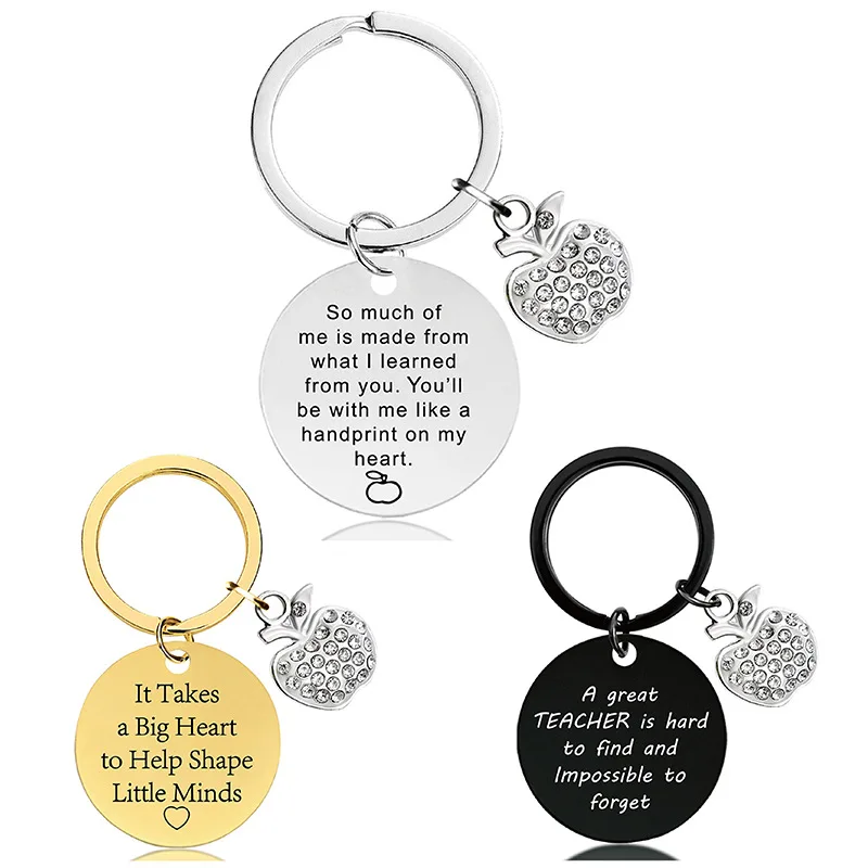 WG 1pc Stylish Funny Teacher's Day Gift Keychain Stainless Steel Round Card Engraving Gift with Zircon Apple Keychain