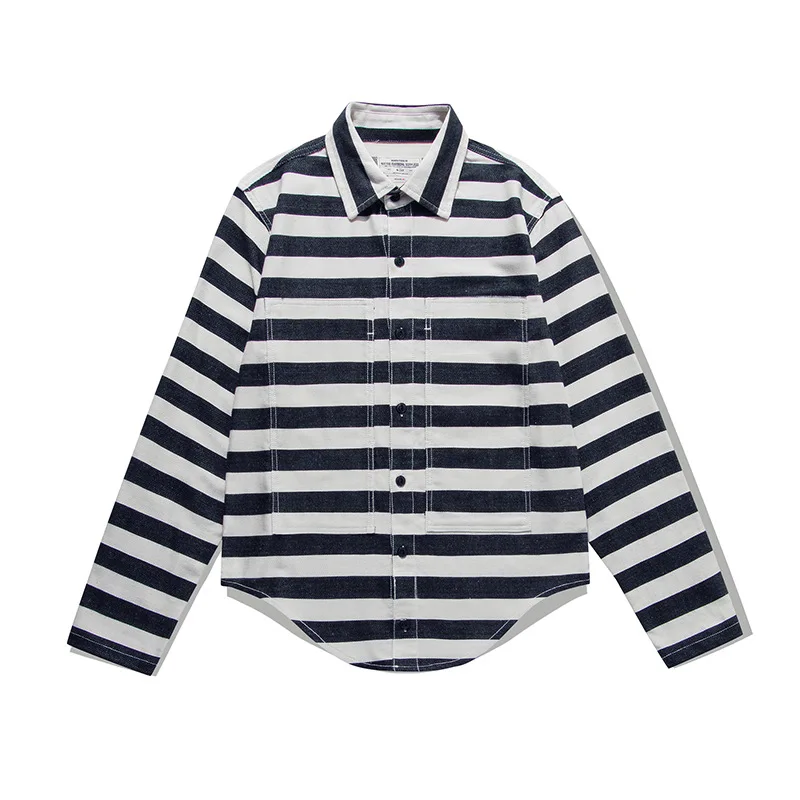 

Винтажная американская полосатая рубашка в стиле заключенного, мужская универсальная мотоциклетная рубашка с длинным рукавом, повседневная хлопковая рубашка свободного кроя, молодежная модная одежда