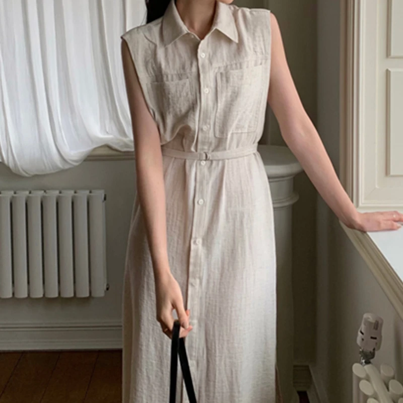 REALEFT Sommer Ärmellose frauen Hemd Kleider Solide Einreiher Elegante Taschen Gerade Kleid Weibliche 2024 Neue