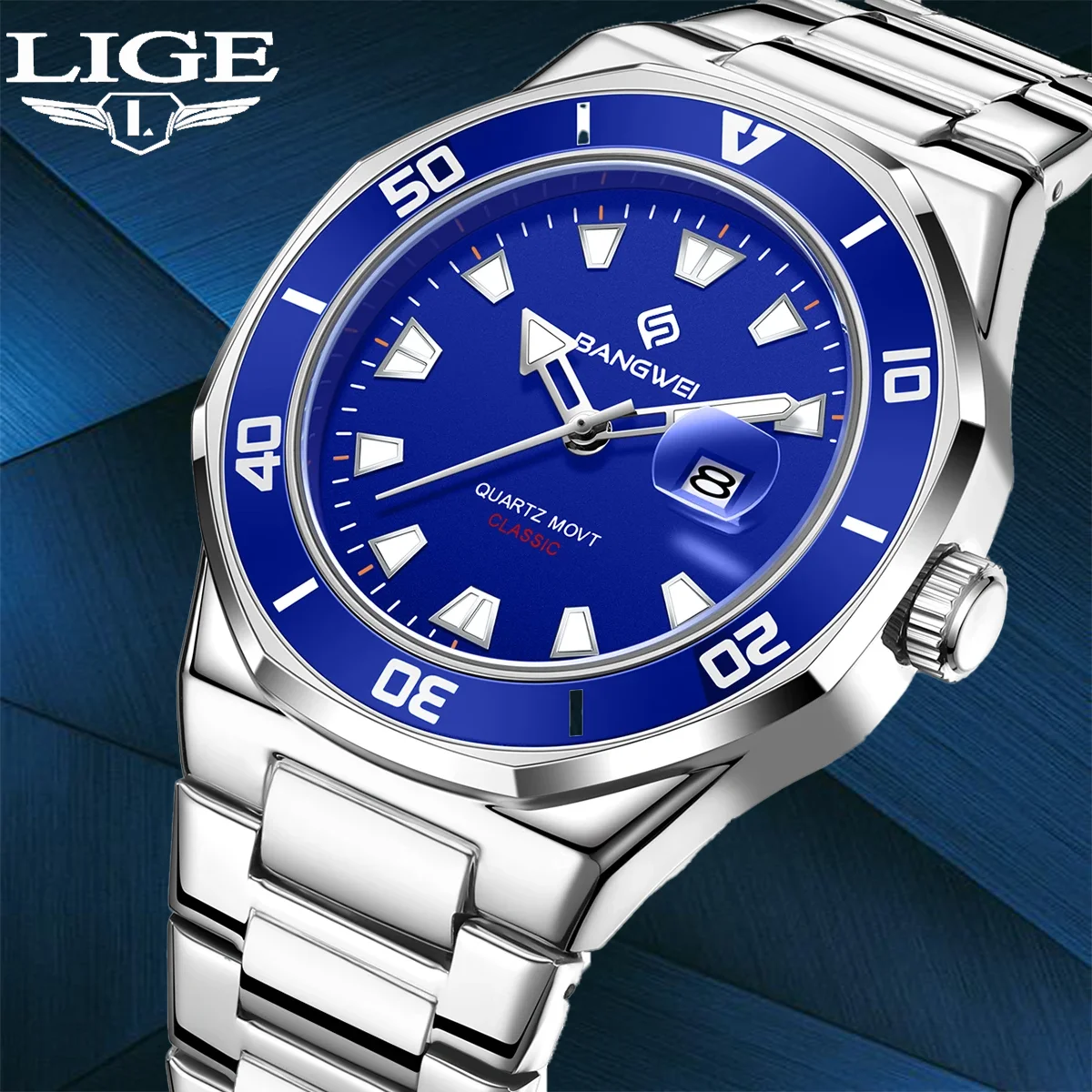 

Мужские роскошные часы BANGWEI, водонепроницаемые, светящиеся, деловые, спортивные, из нержавеющей стали, кварцевые часы для мужчин