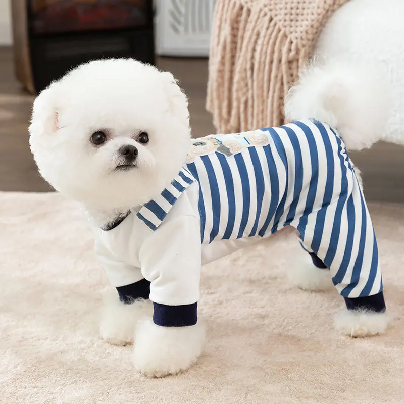 

Pet Dog Cartoon Bear Strap Pants Four legged Home Suit Small Dog Air Conditioning Suit Winter Warm Striped Dog Clothes