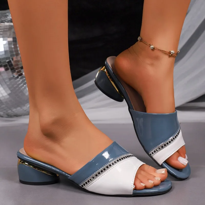 

Fashion Slippers Square Toe Open Toe Rhinestone Color Block Block Heel Anti-Slip Wear-Resistant Low Heel Shoes