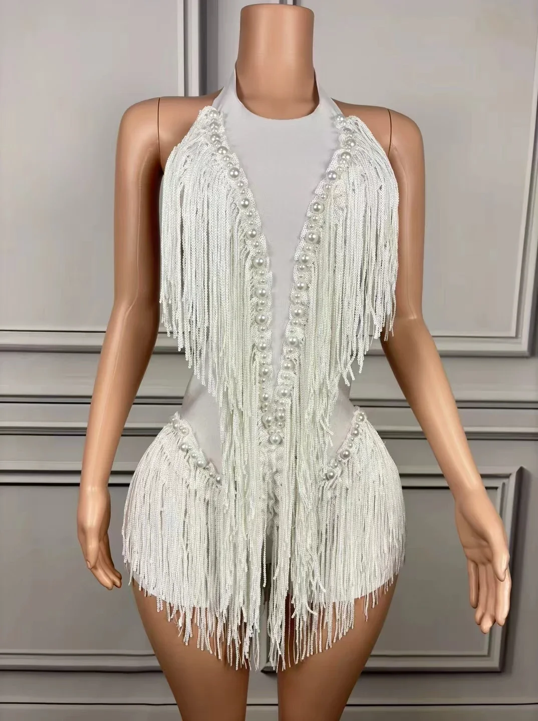 Sexy Mode Sparkly Strass Fringe Pailletten Quaste Body Frauen Latin Jazz Pole Dance Kostüm Bühne Leistung Catsuit