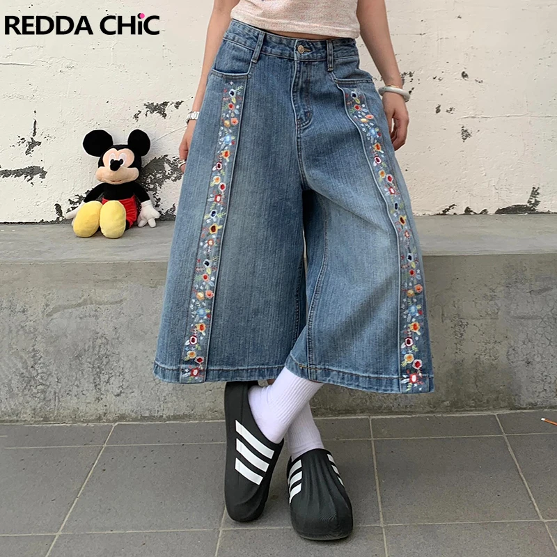 

ReddaChic Denim Floral Bermuda Pants for Women Summer Printing Casual Wide Leg Pleats Pockets Baggy Jean Shorts Korea Streetwear