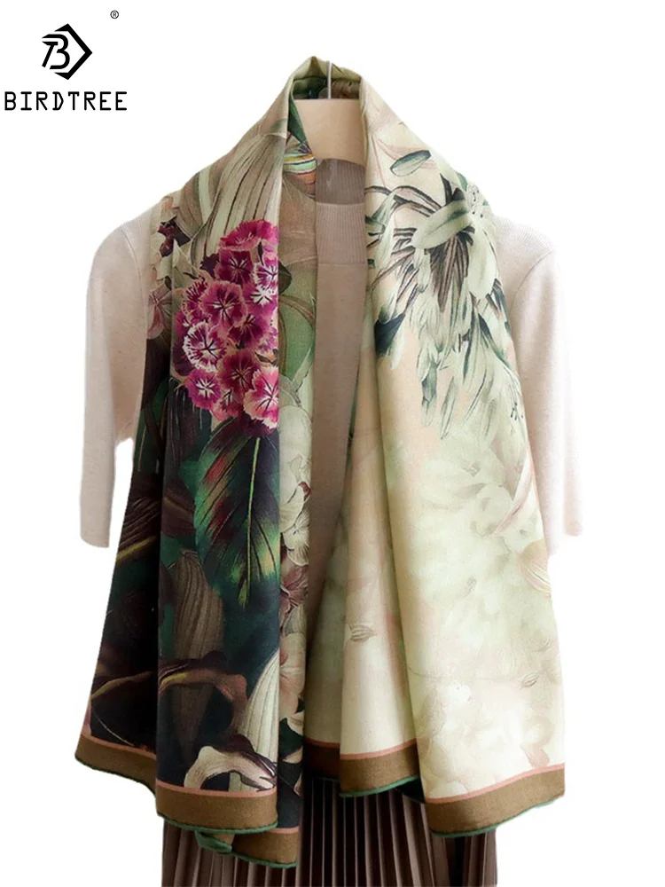 BirdTree, 70% Silk 30% Wool Elegant Fashion Scarves, 135cm Floral Printed, Woman Gift Warm Scarf, 2024 Autumn Winter A47627QM