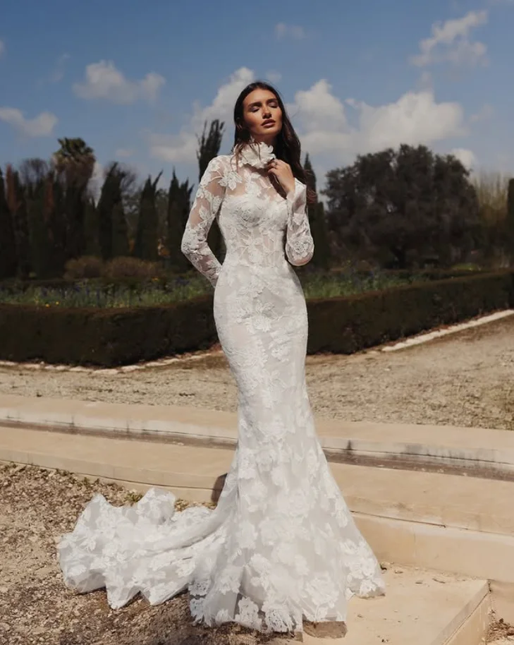 Princesa sereia vestidos de casamento com trem destacável 3d floral applique manga longa espartilho jardim vestido de noiva vestuário