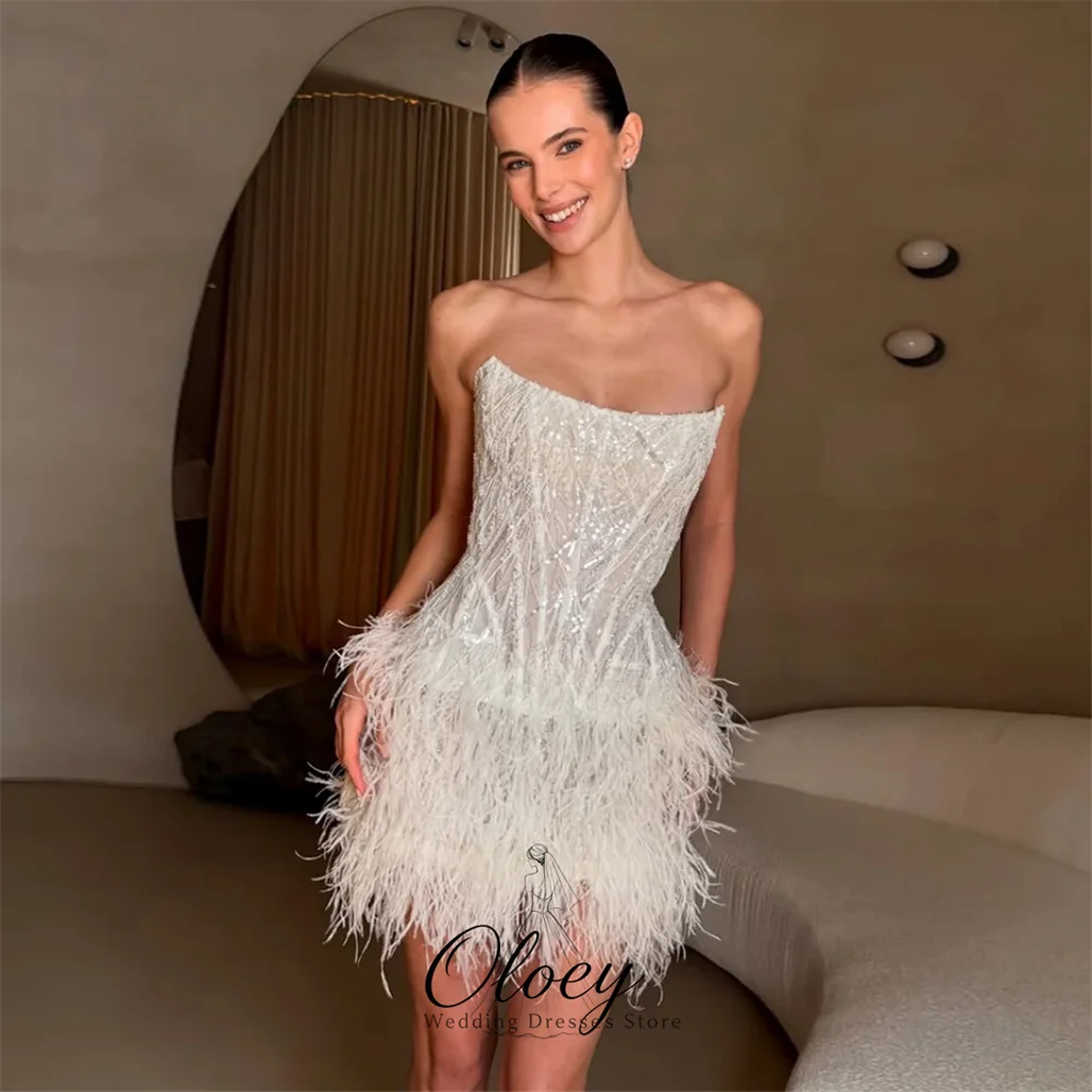 OLOEY 2026 Customized Modern Strapless Sequin Feather Bridal Gown A-Line Mini Wedding Dresses For Woman Wedding Party Dress