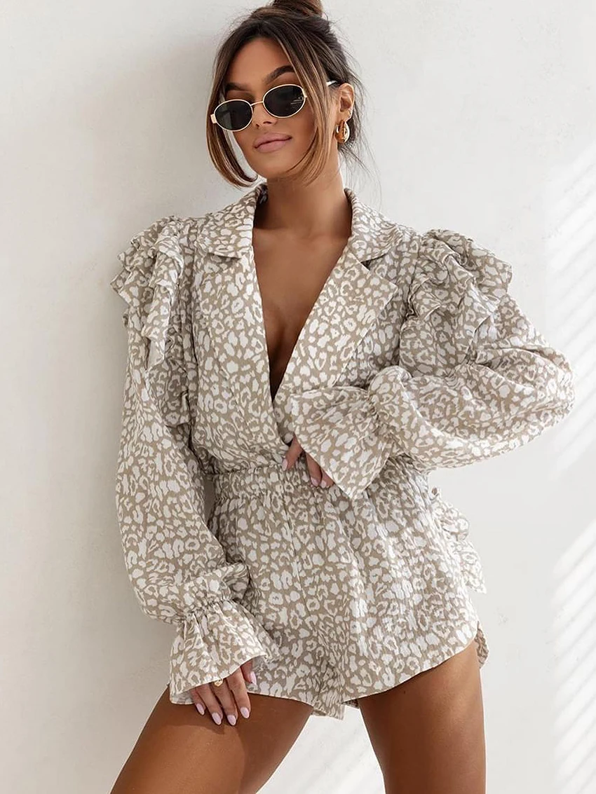 

Marthaqiqi Printing Ladies Nightwear Set Long Sleeve Nightgowns Sexy Turn-Down Collar Pajama Shorts Casual Female Sleepwear Suit