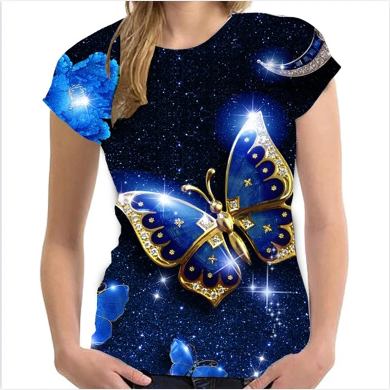Letnie koszulki z nadrukiem motyla 3D Streetwear Moda damska Casual Oversized O-Neck T Shirt Y2K Female Girl Tops Tees Clothing