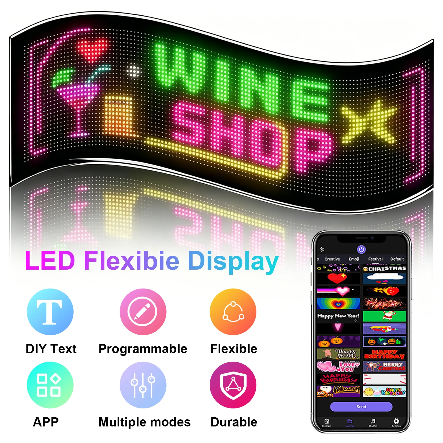 Panel de Matriz LED Flexible USB de Doble Fila Personalizable, Letrero Desplazable Programable con Control por Aplicación para Automóvil, Tienda