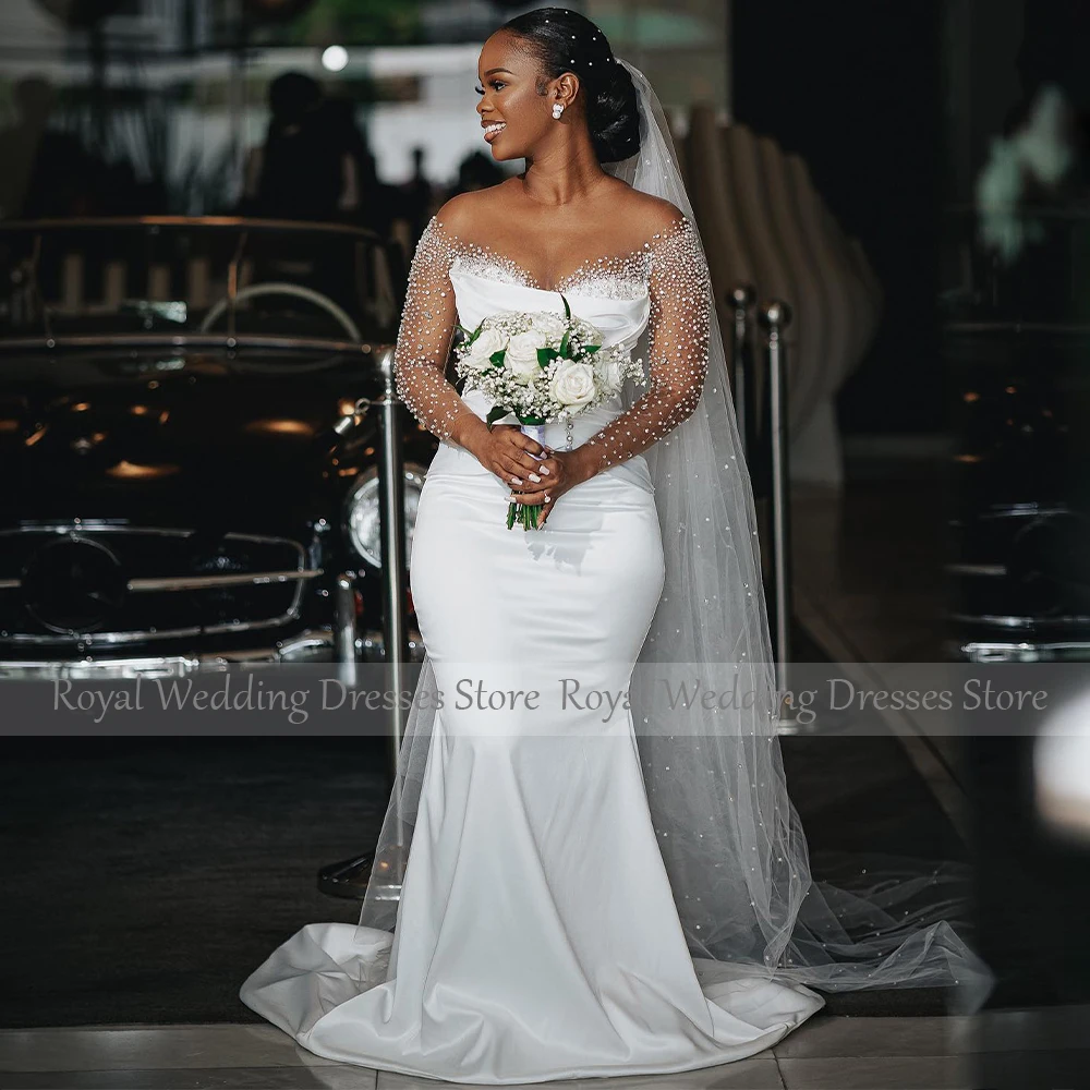 Vestido de novia de lujo con perlas de ilusión de tren desmontable, vestidos de novia de manga larga, vestidos de novia africanos de sirena de satén blanco