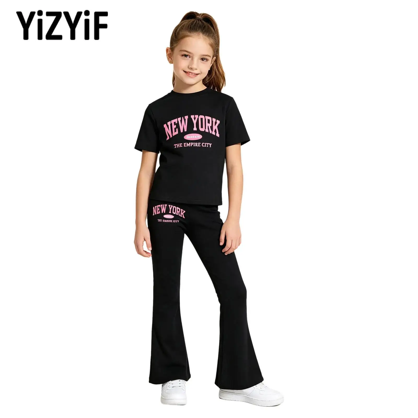Kids Girls Fashion Letter Printed Sports Outfit Short-sleeve T-shirt with Flared Pants for Casual Daily Yoga Exercise Sportswear