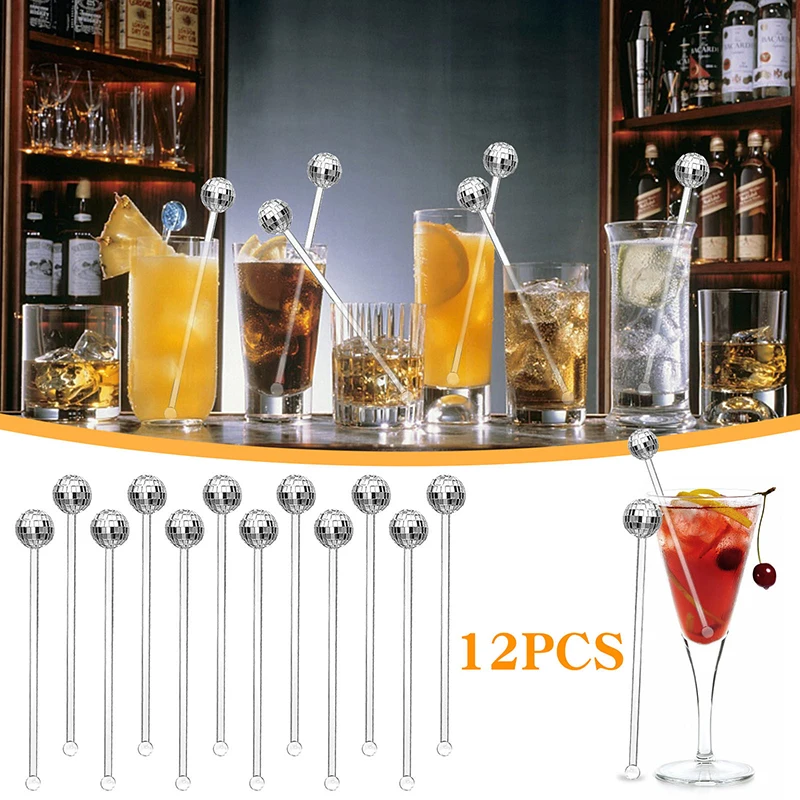 12pcs Mirror Discos Ball Stirrers Beverage Stir Sticks Plastic Round Top Swizzle Sticks for Mixing Cocktails Whiskey