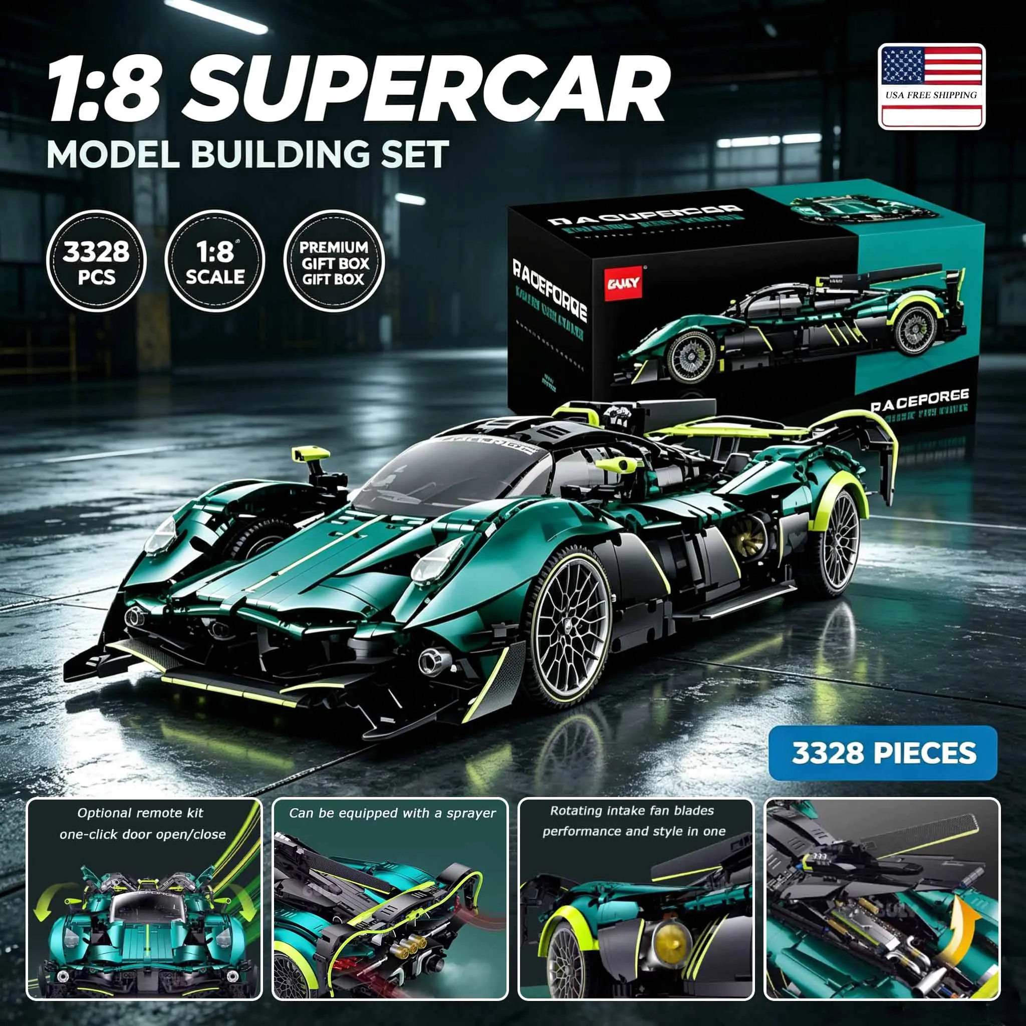 1:8 Martin Valkyrif Hypercar Building Blocks  Electroplated Green Sports Car Model MOC Technic Bricks Toy Gift for Adult 3328Pcs