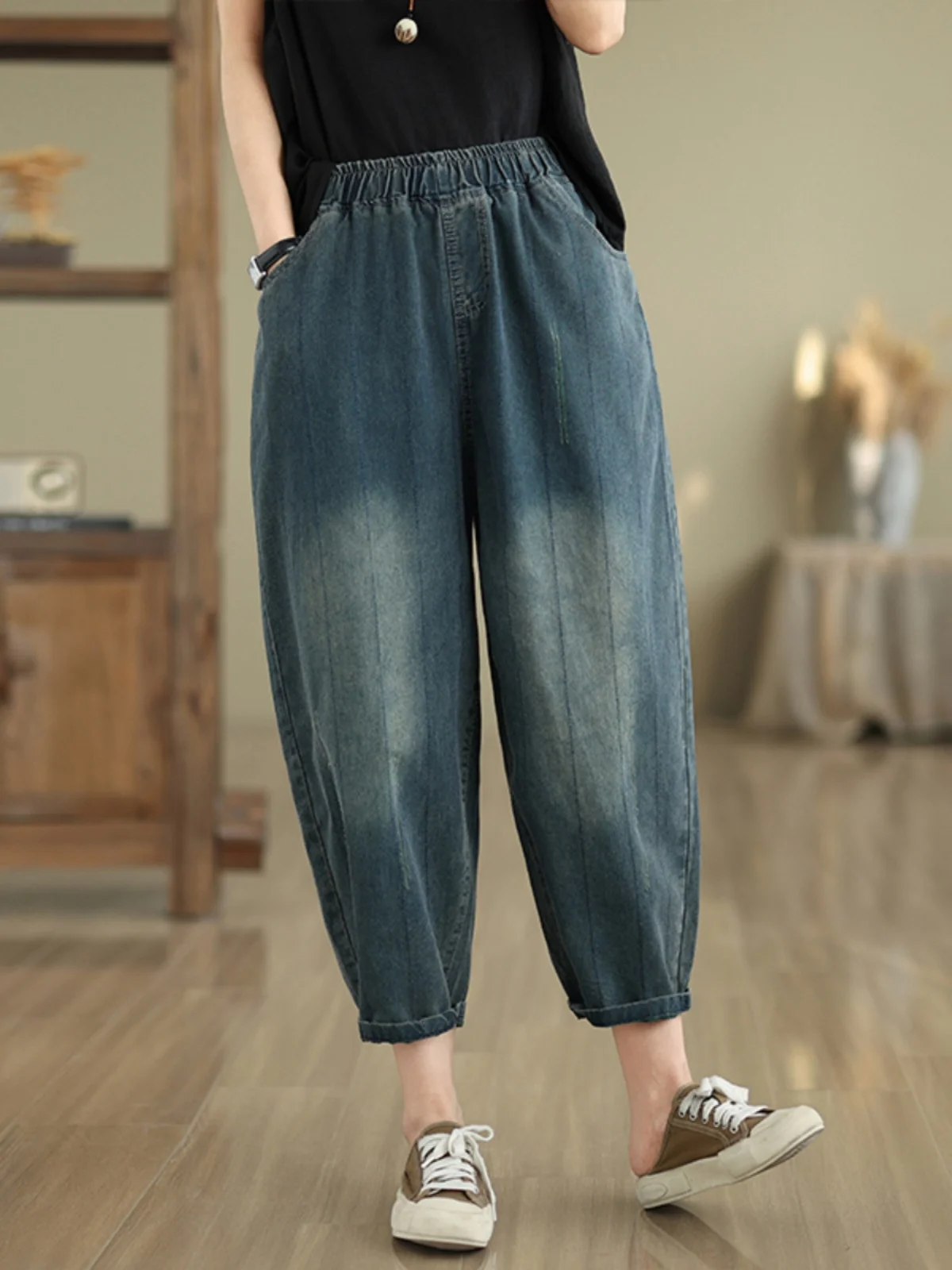 

Ретро выцветшие джинсовые брюки Харлан, женские летние свободные брюки больших размеров, скрытое мясо, восемь девять очков, маленькие брюки для старого папы