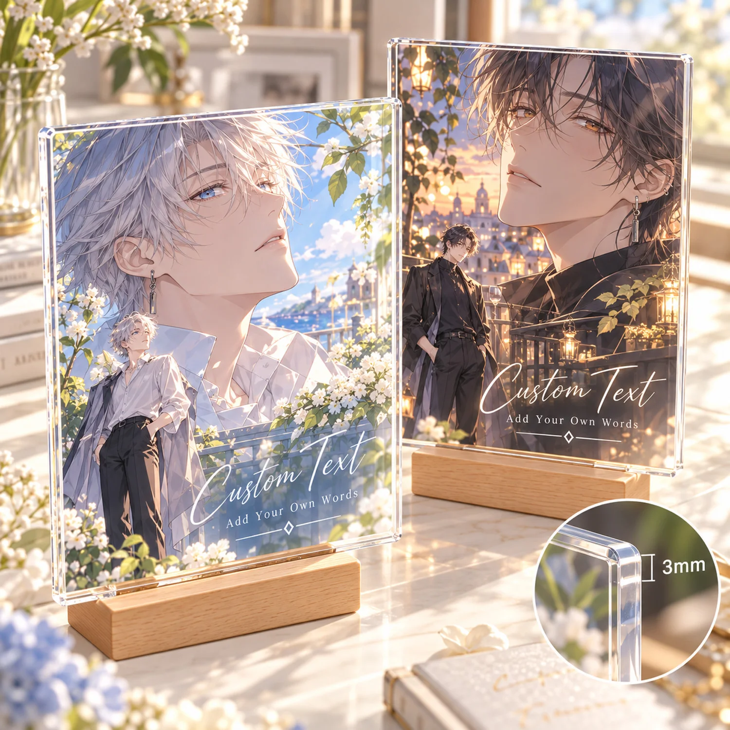 Custom Acrylic Photo Plaque Personalized Anime Picture Display Stand 3mm Clear Acrylic with Wooden Base DIY Text Desk Decor Gift