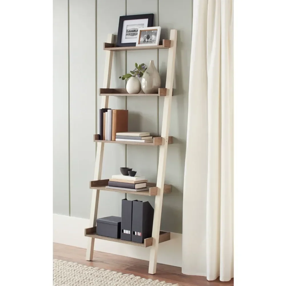 

Bedford 5 Shelf Leaning Bookcase, Off-White Open Storage Book Shelves for Living Room Bedroom