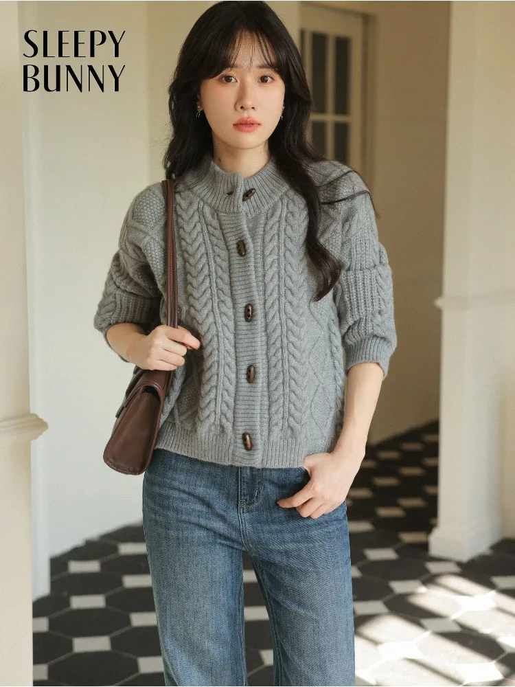 

Thick Knit Cardigan Sweater Women Lady Soft Stand-Collar Jacket Toggle Buttons Cozy Cable Texture Warm Lazy-Style Spring Outfit