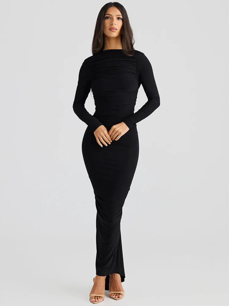 Mozision Backless Long Sleeve Sexy Maxi Dress For Women Fashion Elegant O Neck Ruched Bodycon Club Party Sexy Long Dress Elegant