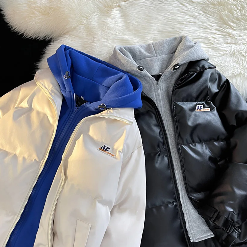 

Men's Winter Thiened down Cotton Jaet PU Leather Hooded Coat Warm Outerwear Fce Lined Fake Two-Piece Sle Casual Wear