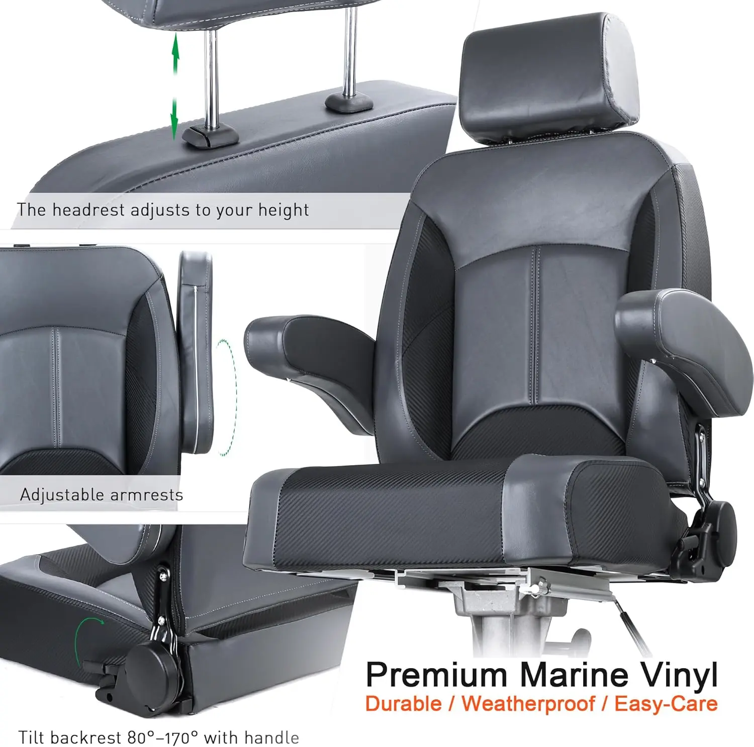 High Back Boat Seat with Durable Two Handrails Head Support Pad Pocket in Black and Grey