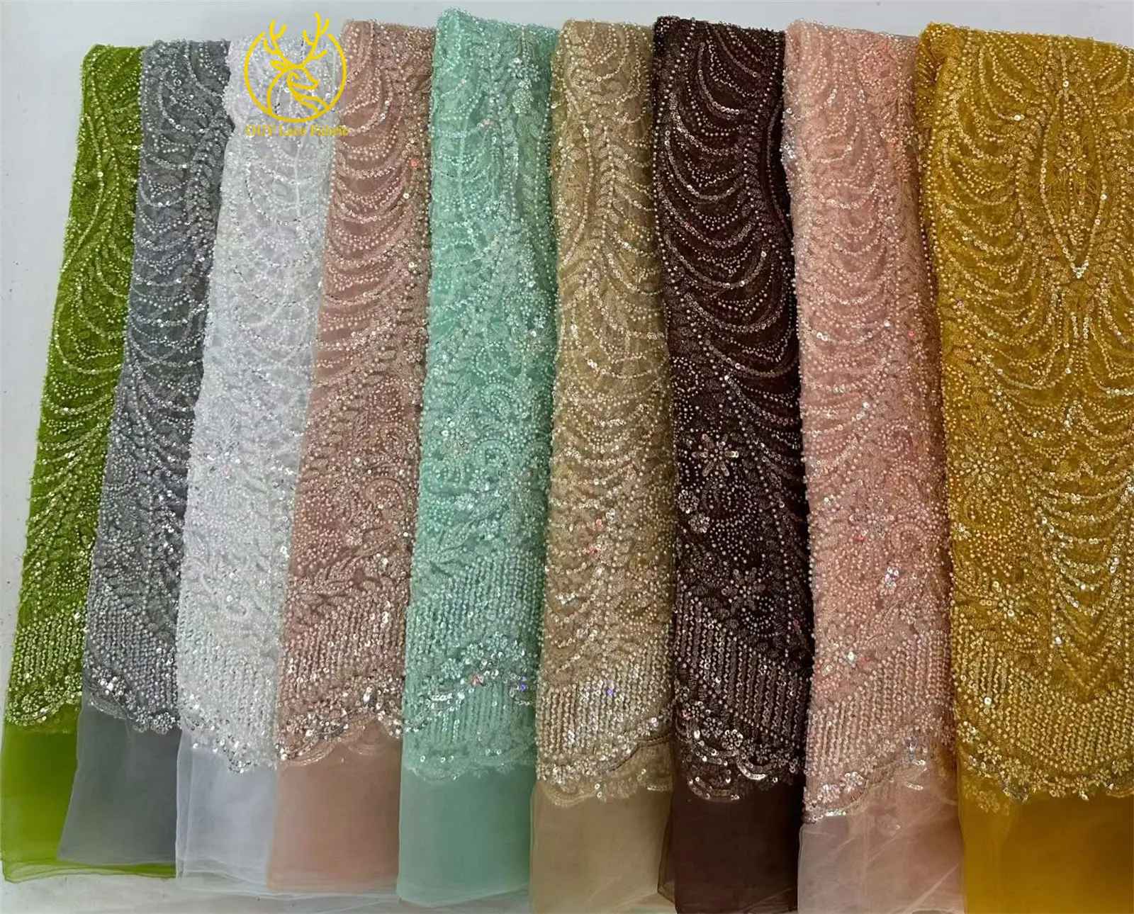 Luxuriöser goldener nigerianischer Mesh-Spitzenstoff mit Perlen und Pailletten, afrikanische französische Brautstickerei, Hochzeitsspitze für Damen, Partykleid, Nähen – Detail 2