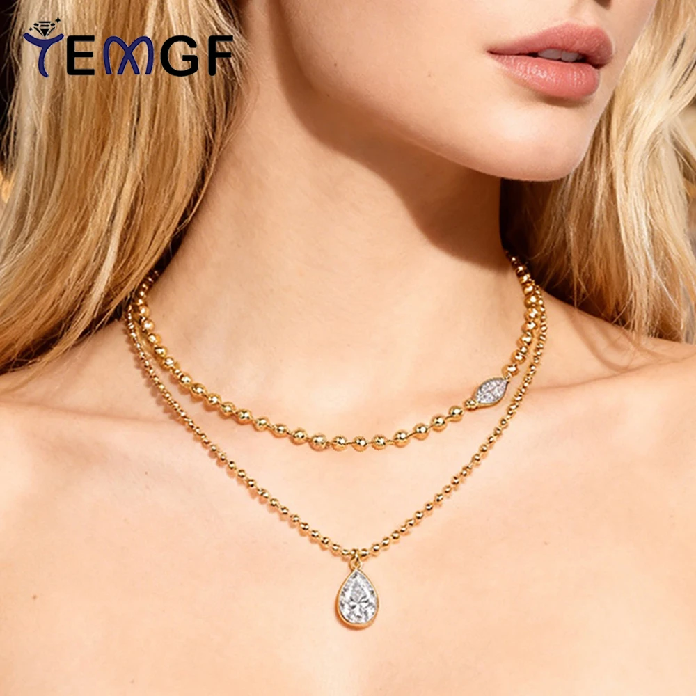 

TEMGF S925 Silver Two-layer Stacked Chokers Necklace D Color Moissanite Pendant Neck Chain 18K Gold Color for Women Certified