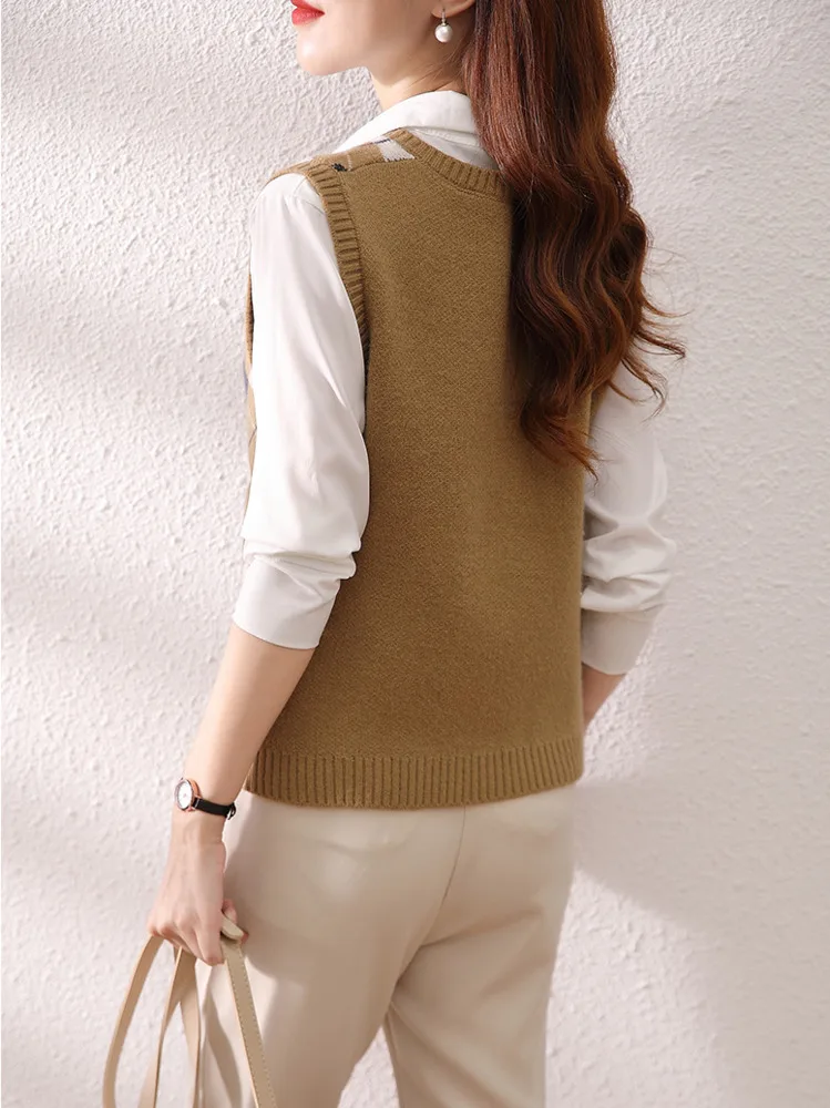 #3923 Harajuku Short Sweater Vest Women V-neck Slim Knitted Pullover Vest Femme Retro Plaid Sleeveless Knitwear Vest Autumn 2024