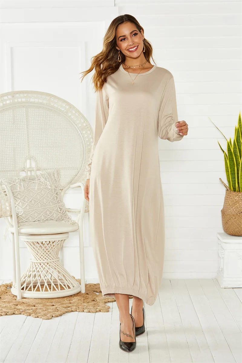 

New Ankle Elastic Rope Round Neck Loose Long Dress For Casual And Versatile Home Wear