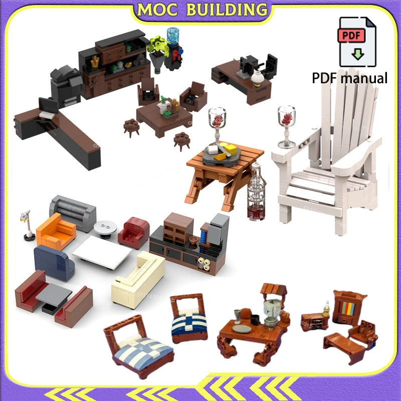 

City Furnitured Building Bricks Bookcase Sofa Bed MOCBUILDING Blocks Medieval Chairs Model Modular House Buildings Add-on Toys