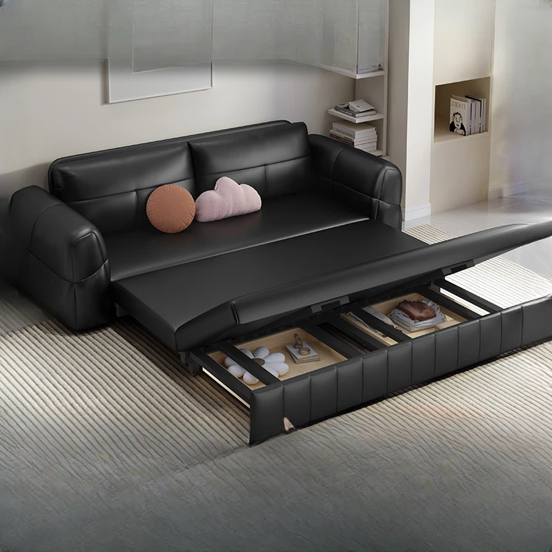 Cat scratch leather black sofa bed dual-purpose foldable living room small unit multi-functional furniture