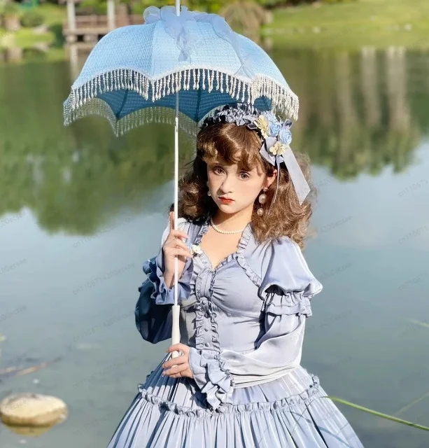 Light Tassel Lace Lolita Parasol Long Handle Princess Sun Umbrella Gothic Wedding Photography Prop