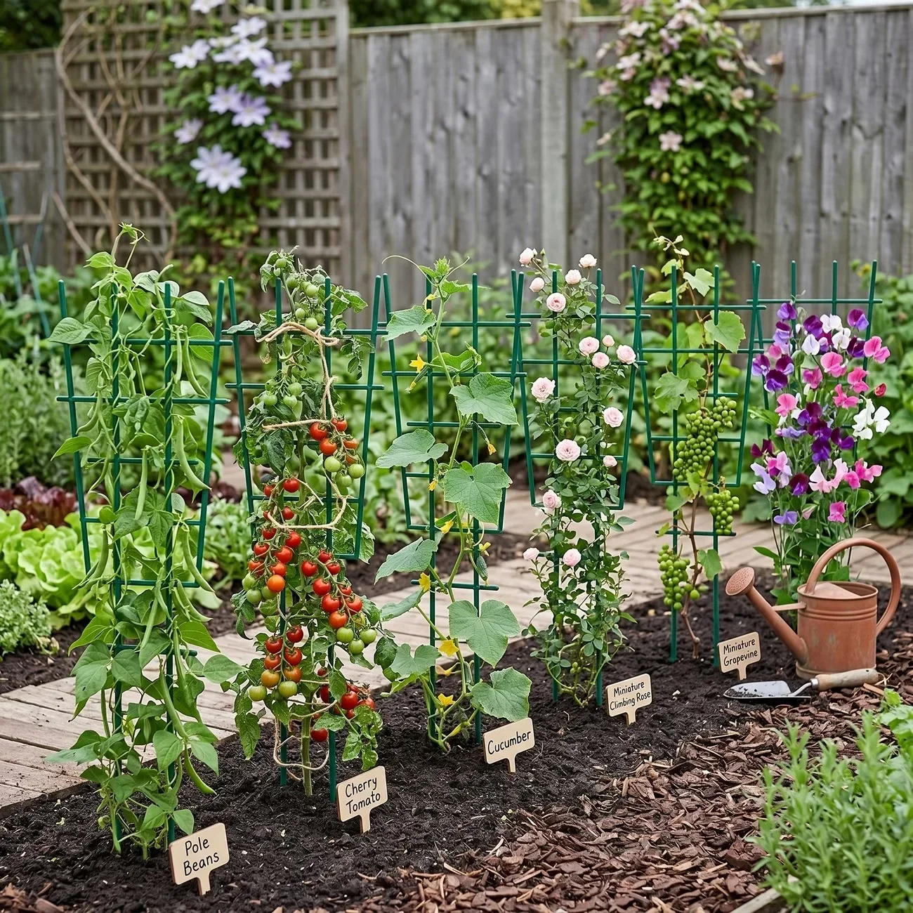 Eco-Friendly Plastic T-Shape Plant Support Green Trellis Mesh Rack for Vertical Gardening Ideal for Flowers Tomatoes Beans Peas