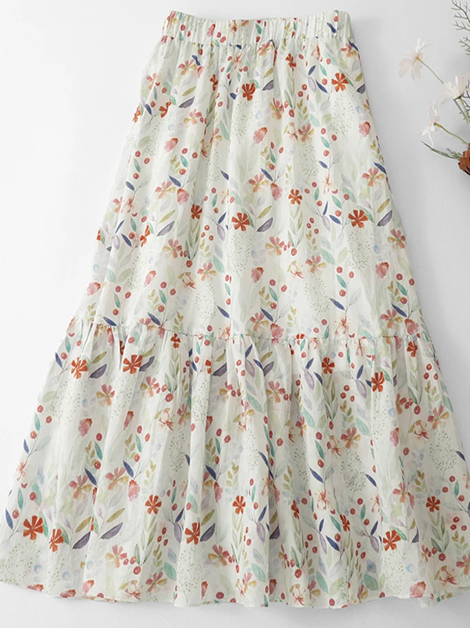 

High-End Double Layer Floral Print Half Skirt Women's Summer Artistic Slimming Fish Tail Half Skirt Korean Style A-Line Skirt