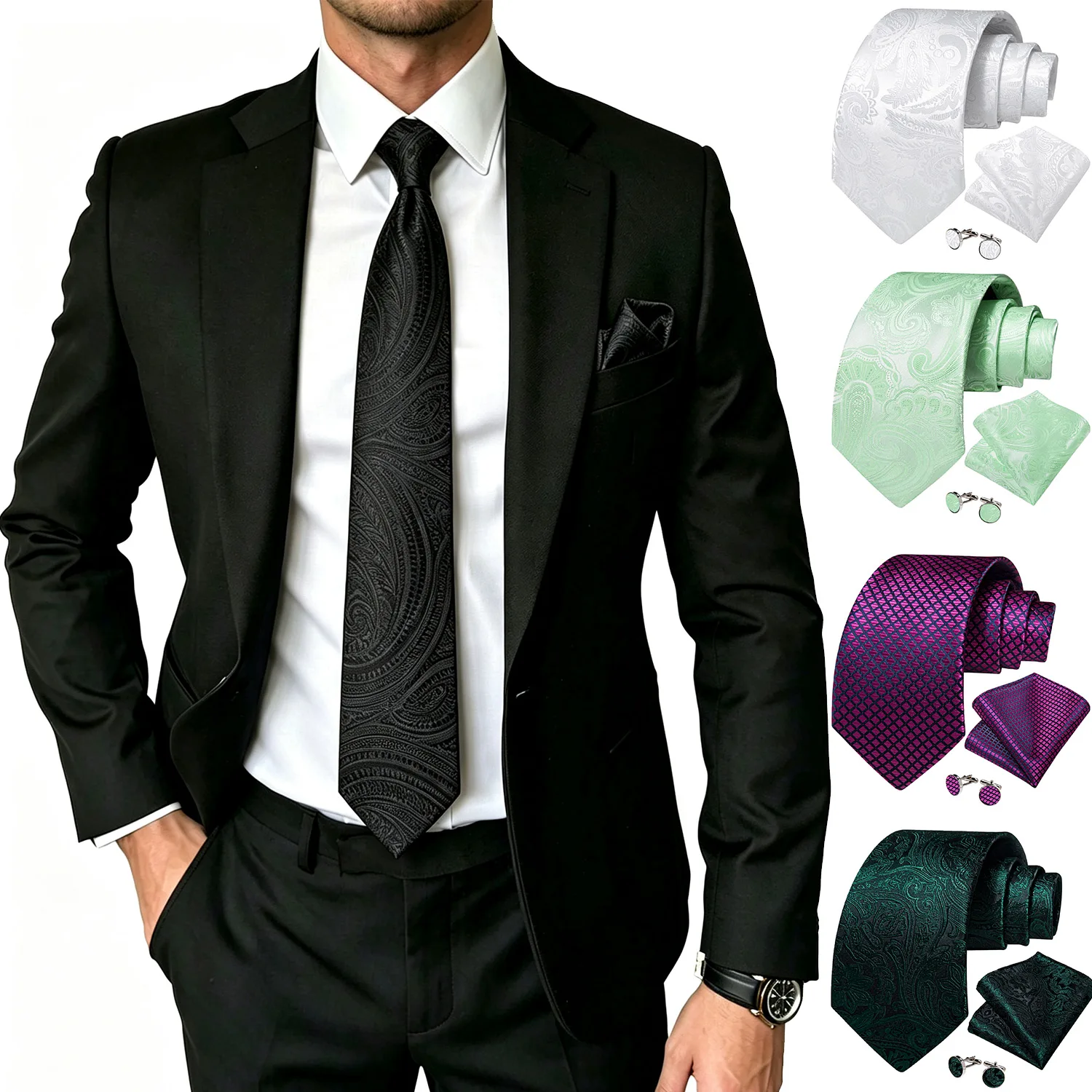 Assorted Paisley Mens Tie Set 3 Piece, Necktie Pocket Square Cufflinks Gift Set For Wedding Formal