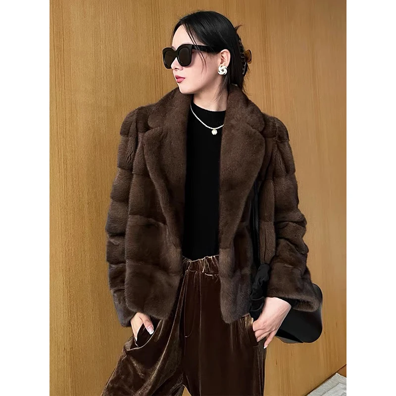 Luxury Coffee Mink Fur Coat for Women Imported Whole Piece Fur Horizontal Stripe Female Lapel Short Velvet Mink Jacket Fourrure