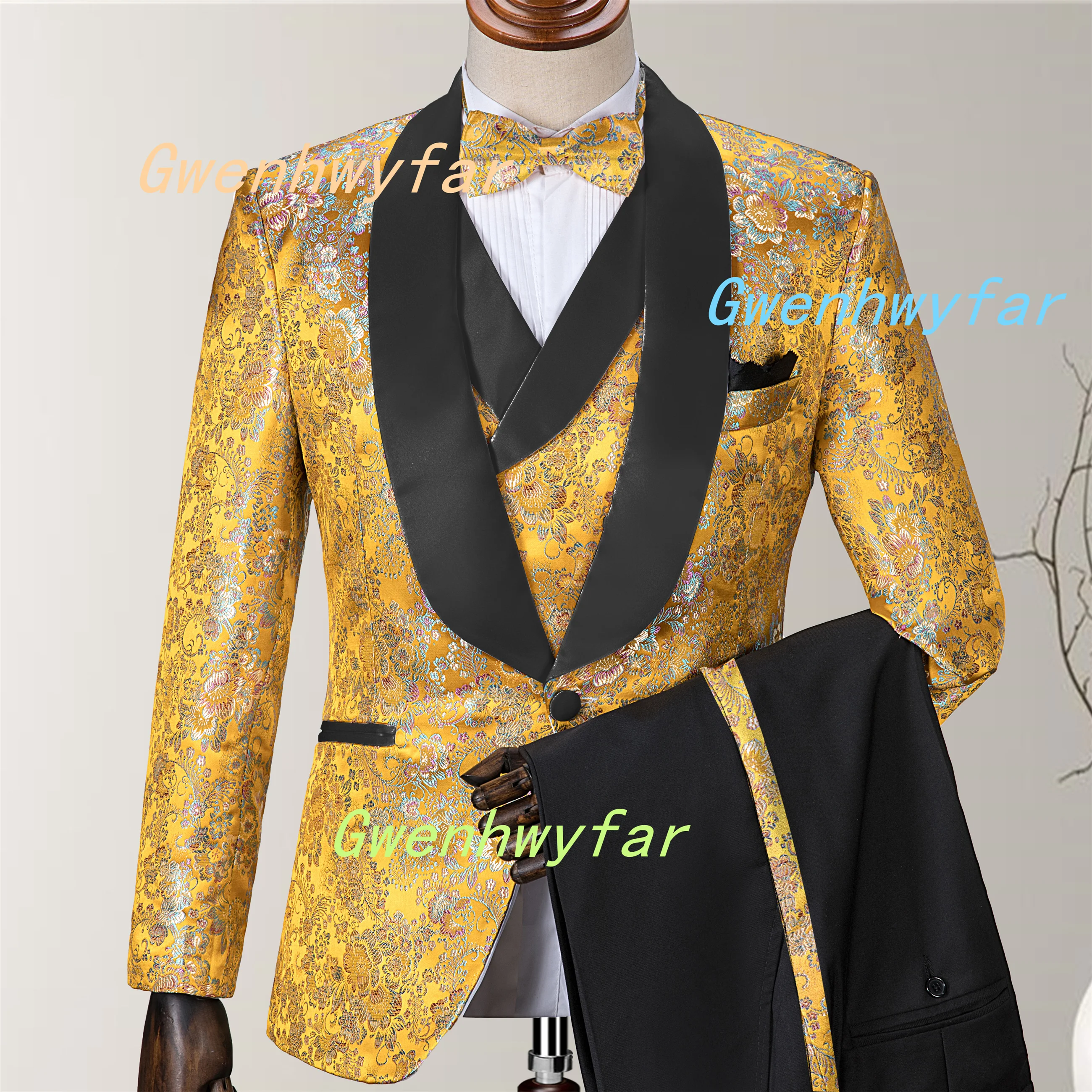 Gwenhwyfar Luxury Gold Colorful Embroidered Flower Tuxedo for Men's 2025 New Elegant Ball Party Suit Including Coat Pants Vest