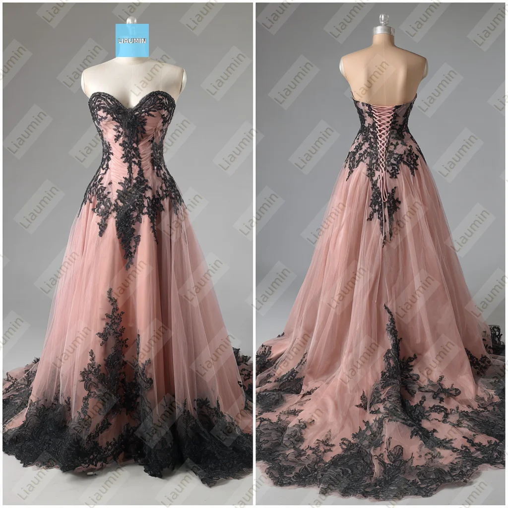 

Pink Tulle And Black Lace Applique Strapless Full Length With Train Evening Prom Wedding Formal Dress Lace-up Customized A7-1.57
