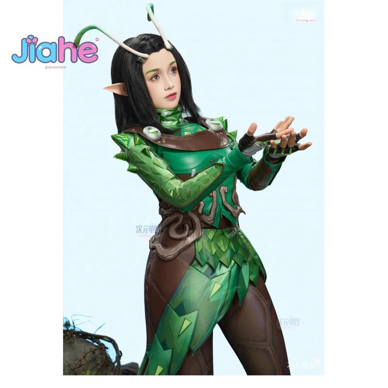 Superhero Mantis Lorelei Rivals Cosplay Costume Women Fantasy Uniform Halloween Green Leather Tight Coat Headwear Gloves Prop