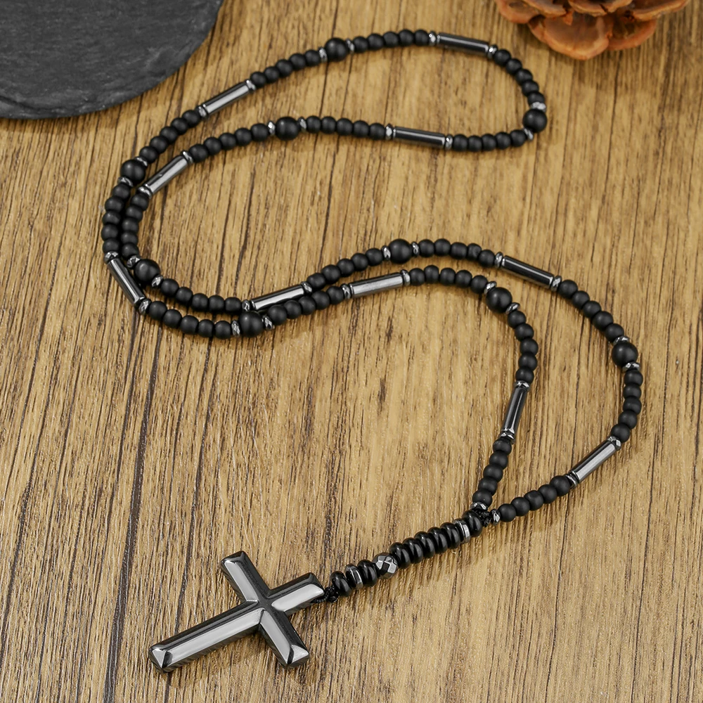 

Black Gallstone Bead & Hematite Cross Pendant Necklace for Men Women Catholic Christ Rosary Cross Pendant
