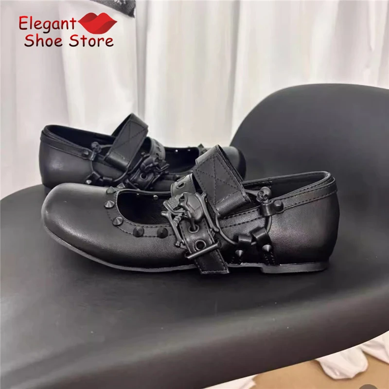 Gothic Dark Mary Jane Shoes for Women Punk Style Rivet Skeleton Buckle Round Toe Mary Jane Shoes Black Leather Flat Ballet Shoes