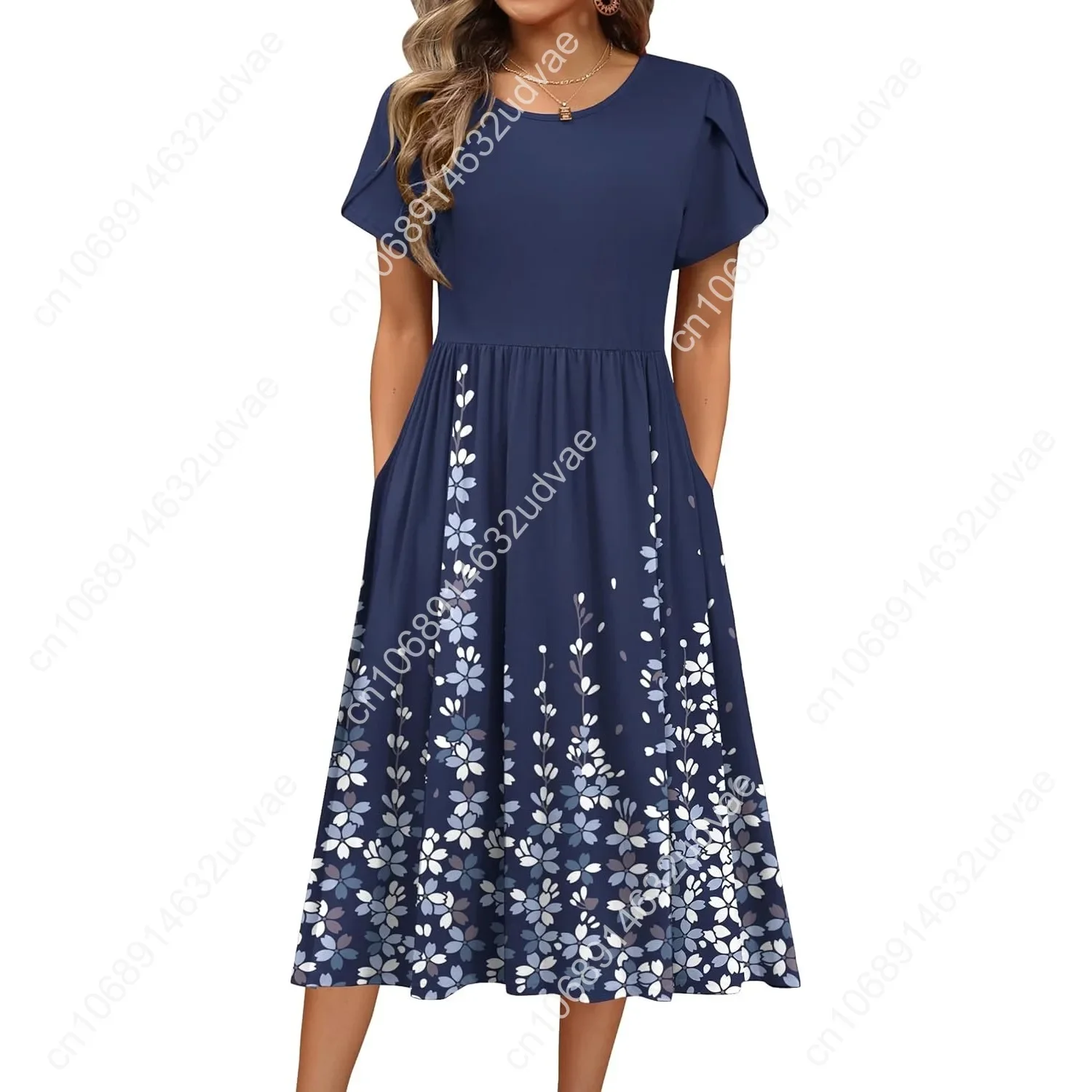 

Summer Short Sleeve A-Line Women's Midi Dresses Casual Floral T-Shirt Dress Flowy Beach Sundress with Pockets