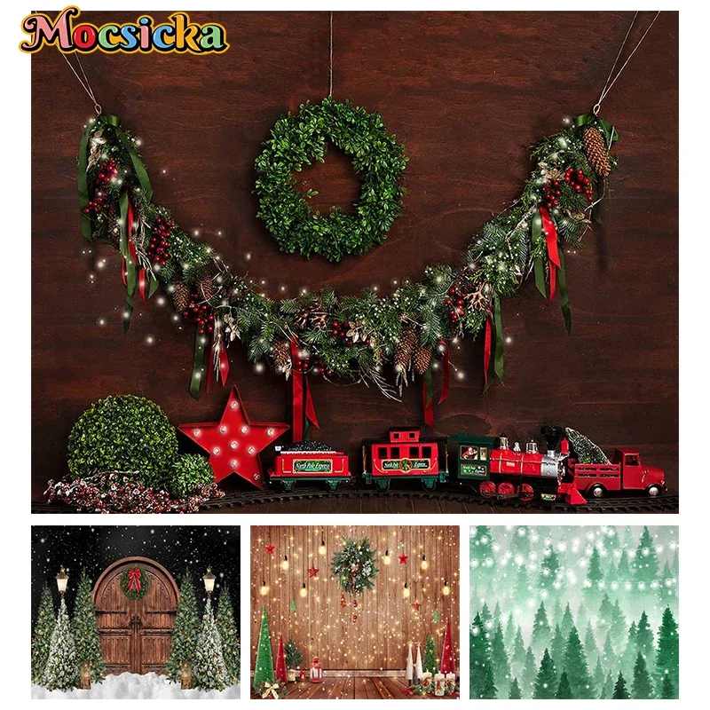 

Mocsicka Christmas Decoration Photography Background Xmas Tree Shine Lights Retro Wooden Door Train Garland Photo Backdrop Props